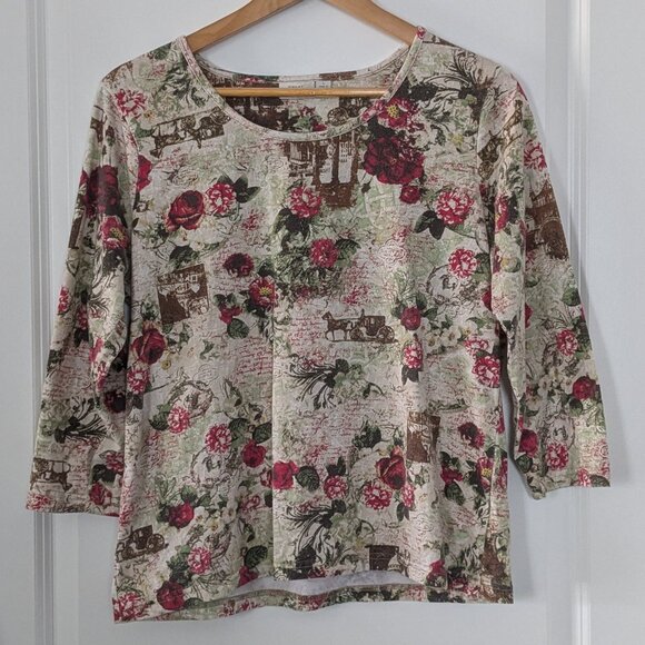 Great Northwest Top Women's Large Cream Red Floral All over Print 3/4 Sleeve Top - Picture 7 of 16